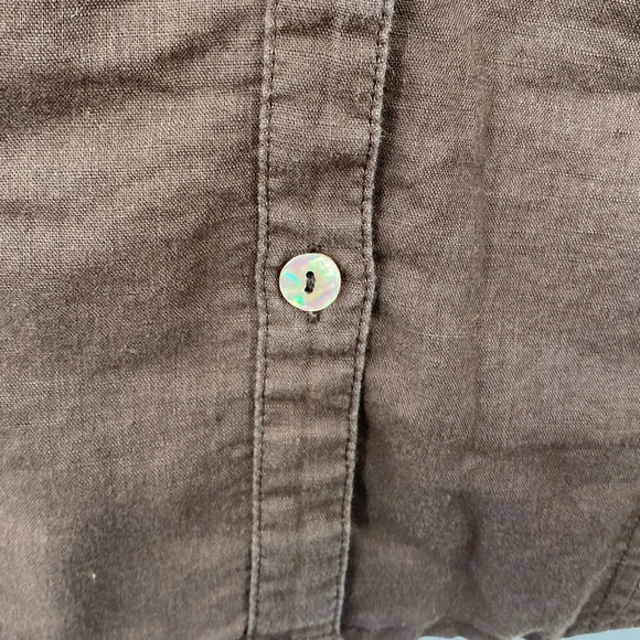 Fresh Produce Top Women’s size Small Brown Linen Button Up Tabbed 3/4 Sleeve - Picture 3 of 10
